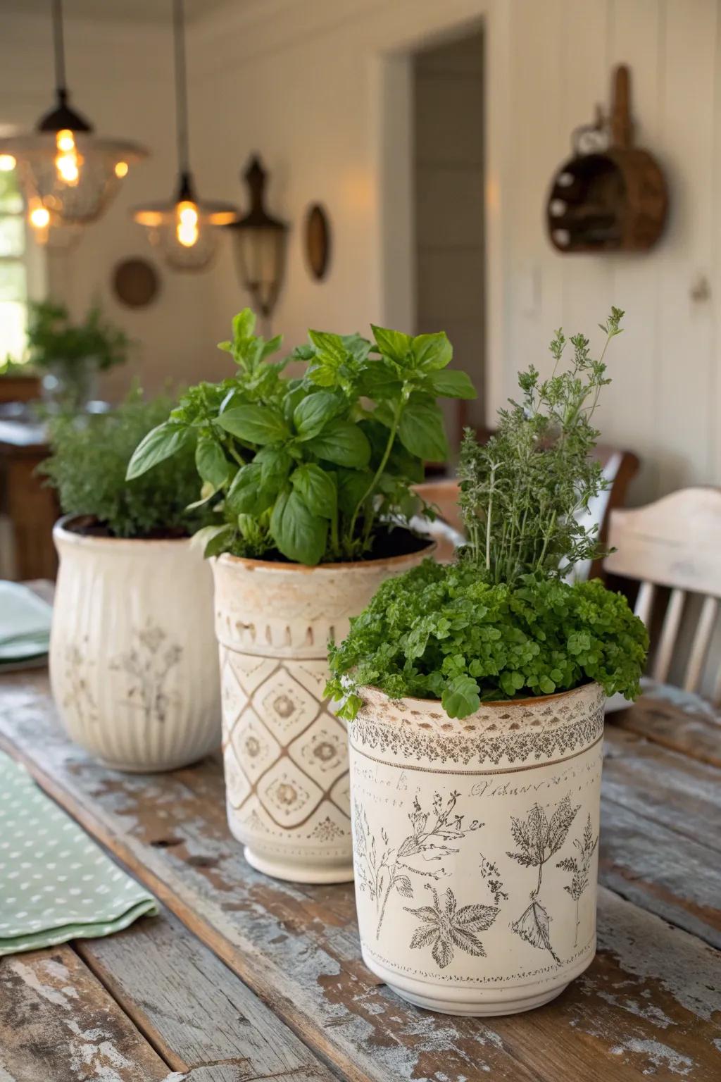 Antique crocks filled with herbs bring a fresh, natural scent to your table.