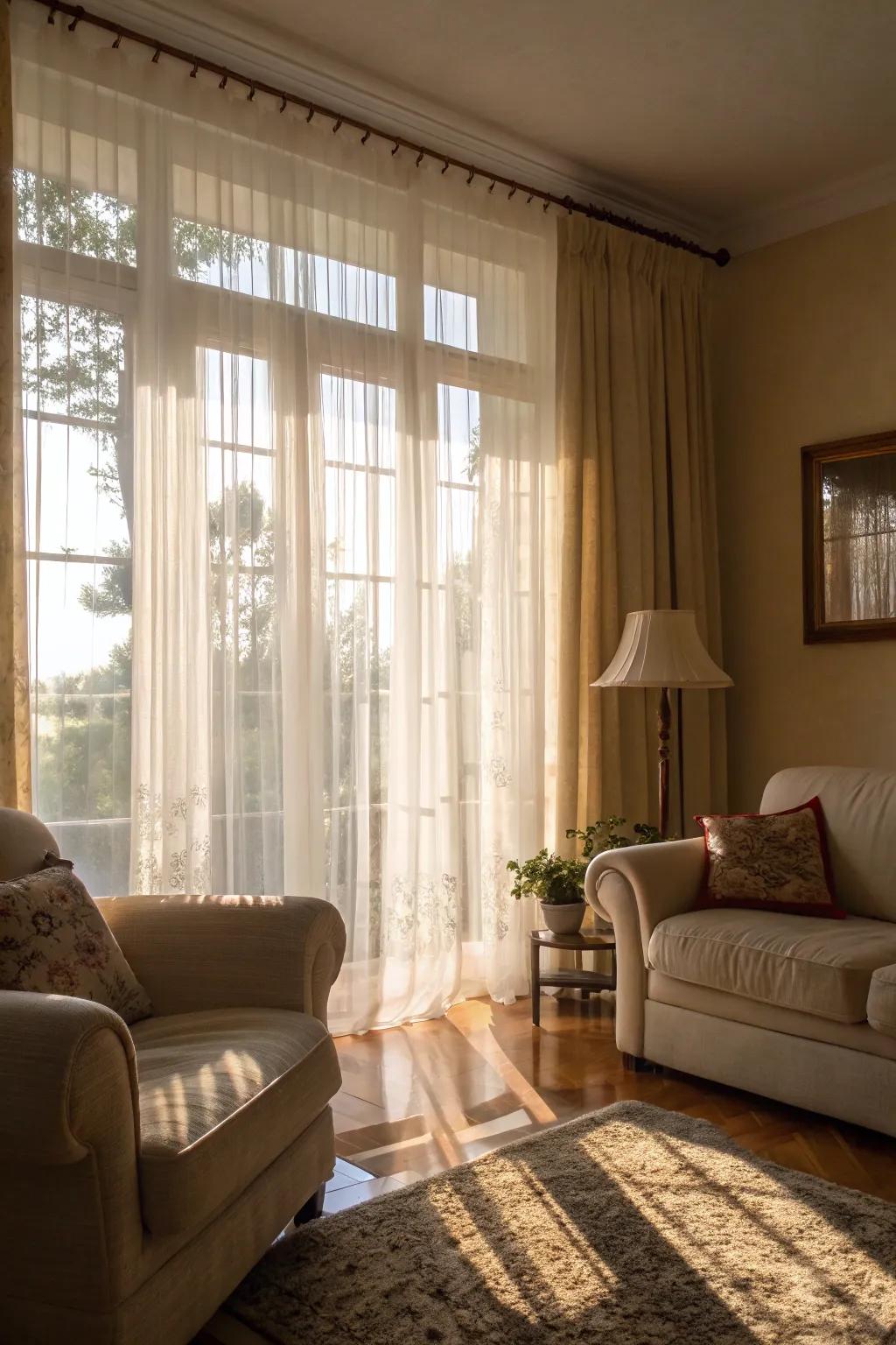 A living room brightened by sheer curtains and natural light.