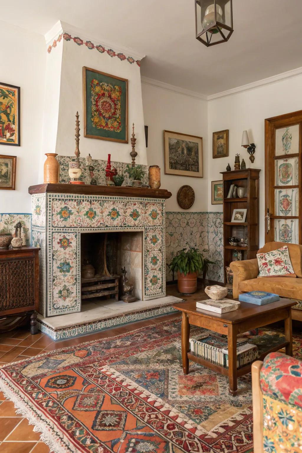 An eclectic living room featuring a fireplace with vintage and cultural decor.