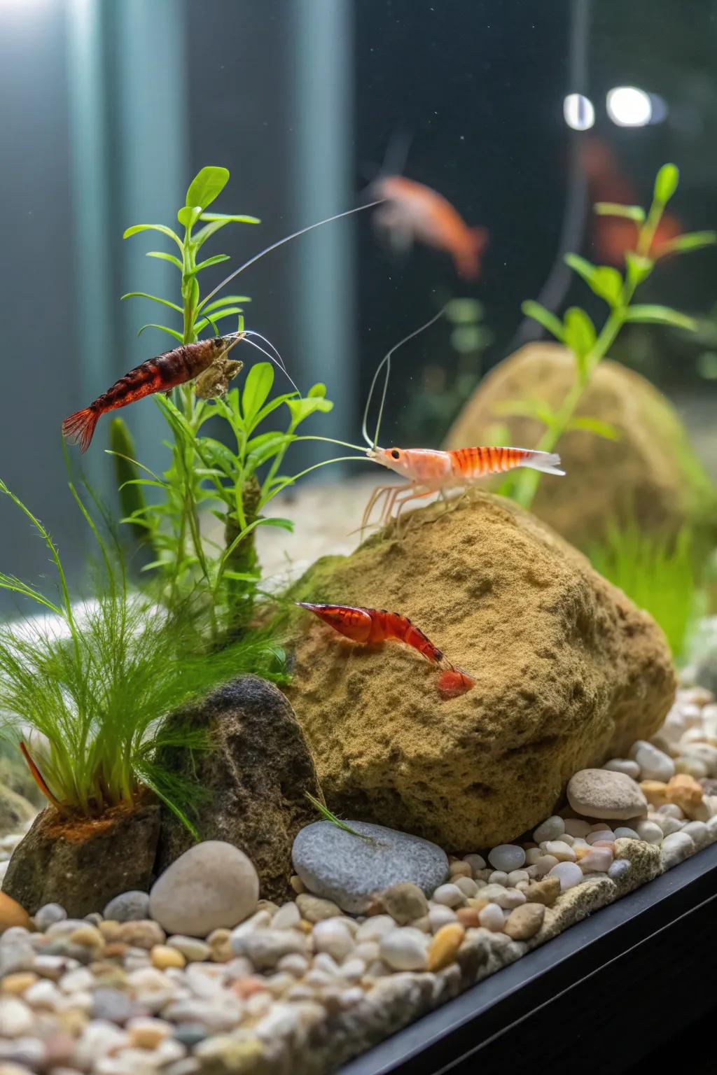 A colorful shrimp tank setup