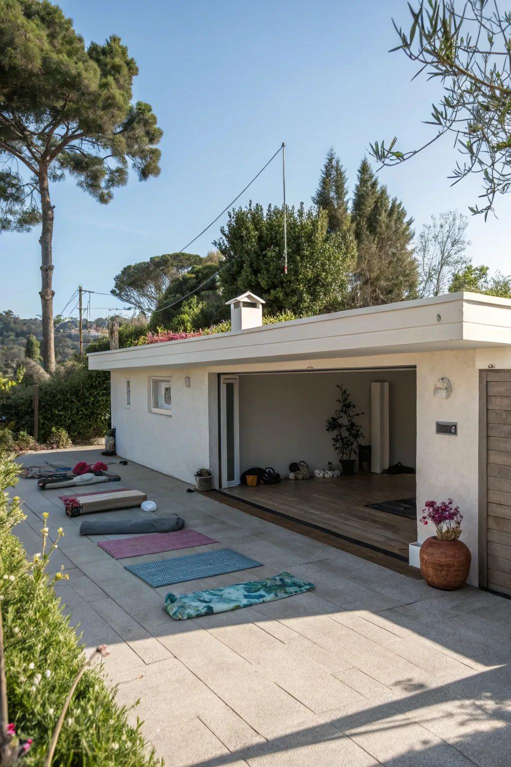 A rooftop yoga deck on a flat roof garage provides a tranquil retreat.