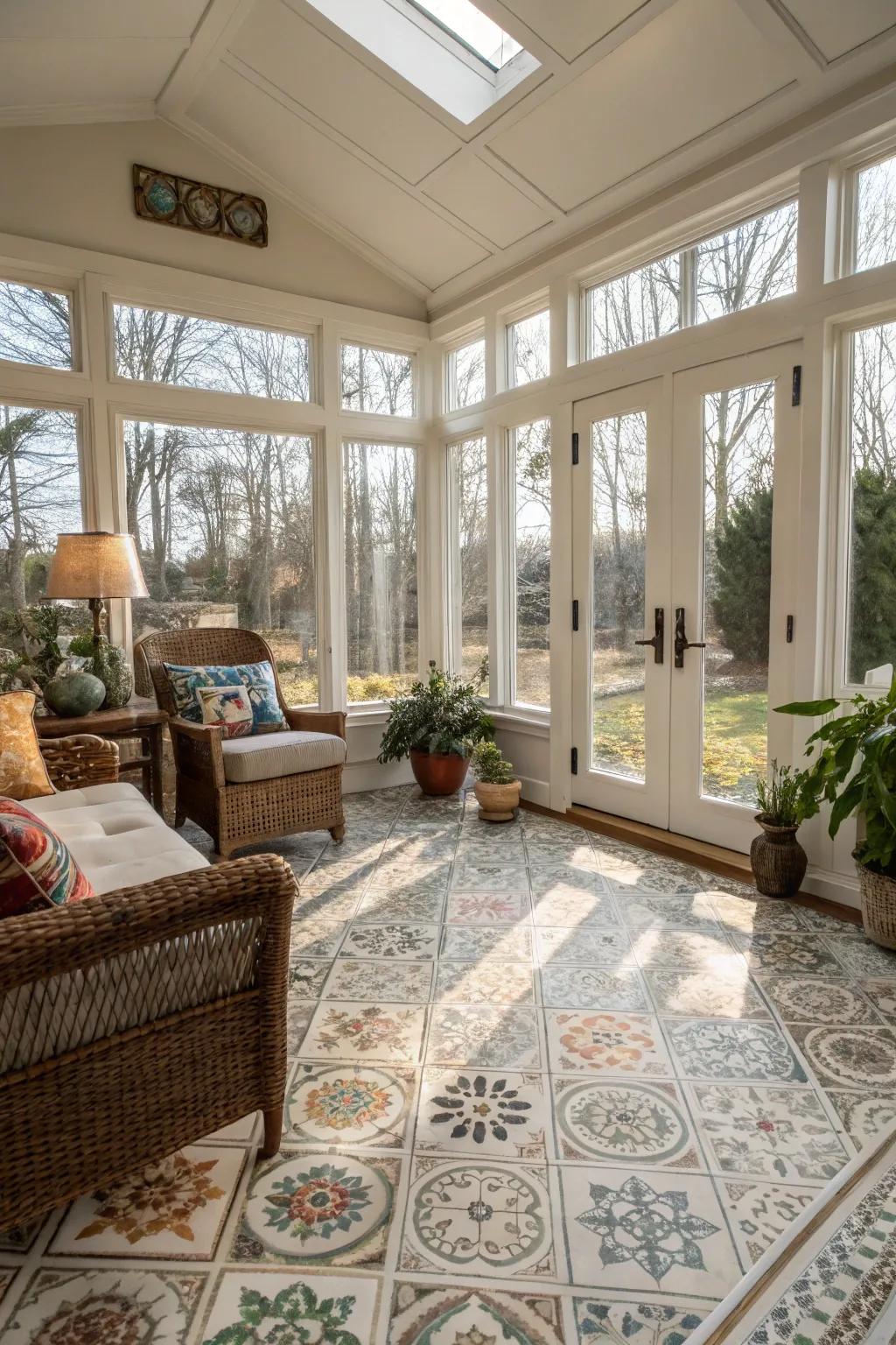 Patterned tiles create a vibrant focal point in this inviting space.