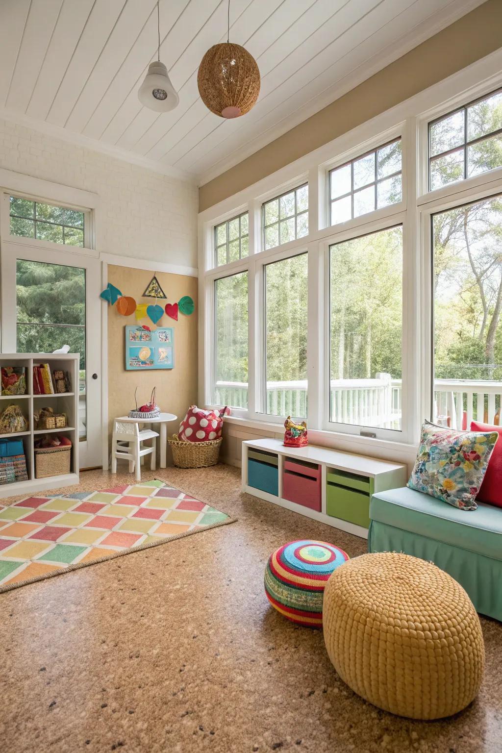 Family-friendly sunroom with cork flooring.