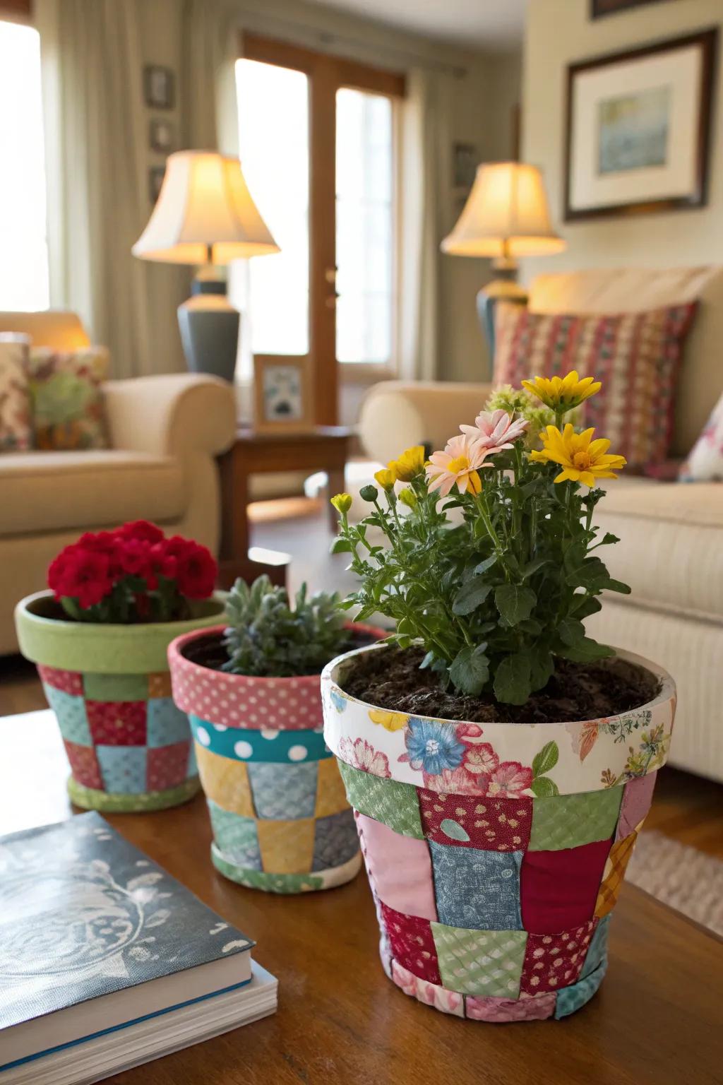 Create a cozy, textured look with fabric-covered flower pots.
