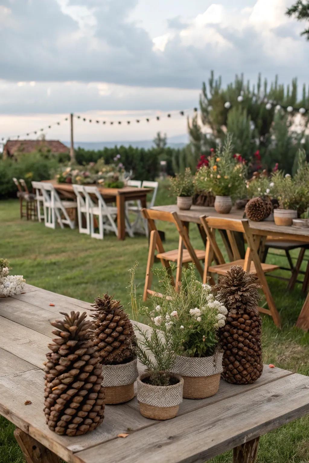 Pine cones serving as unique and natural vases.