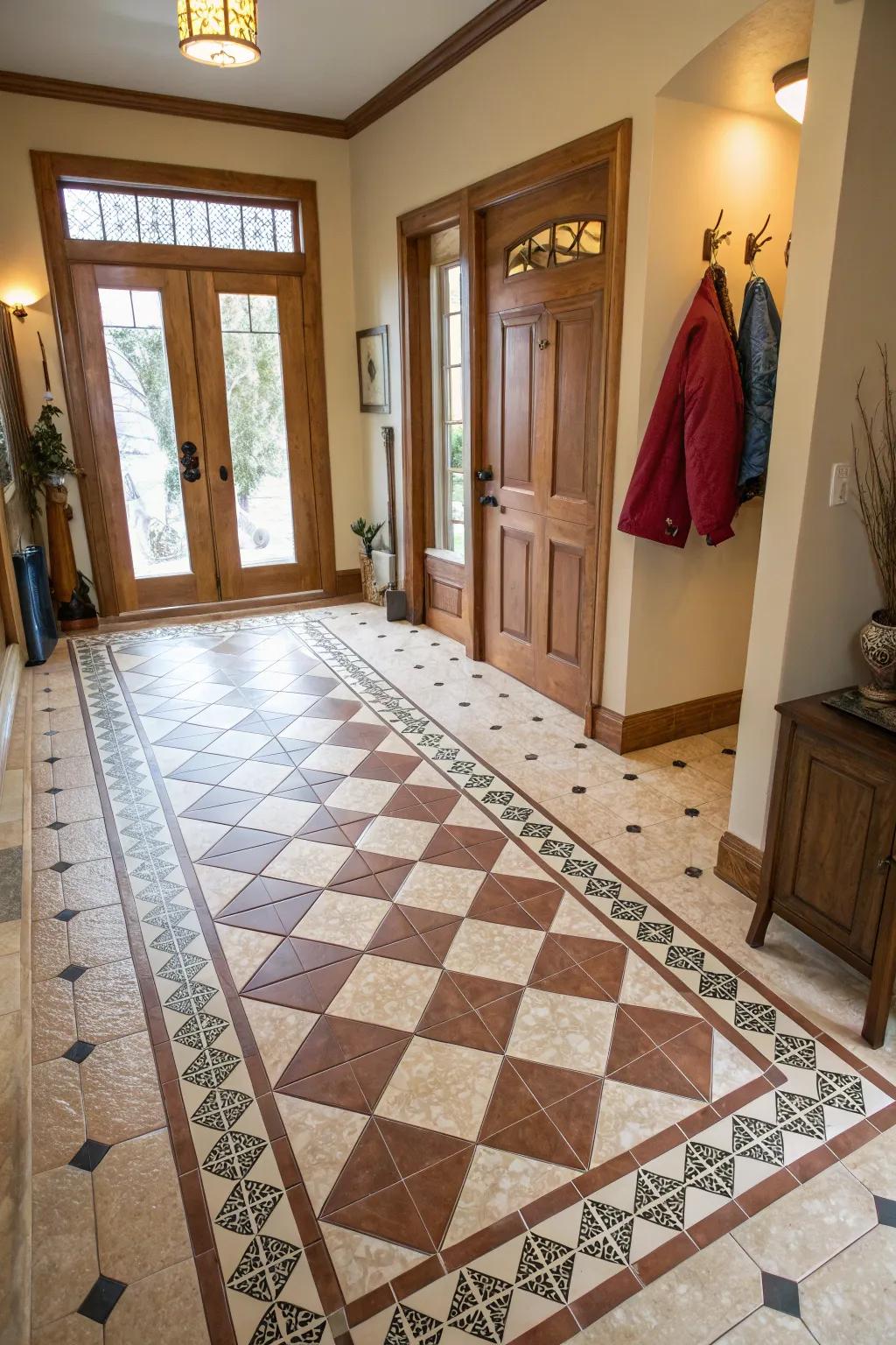 Two-tone tiles create an intriguing and stylish foyer floor.