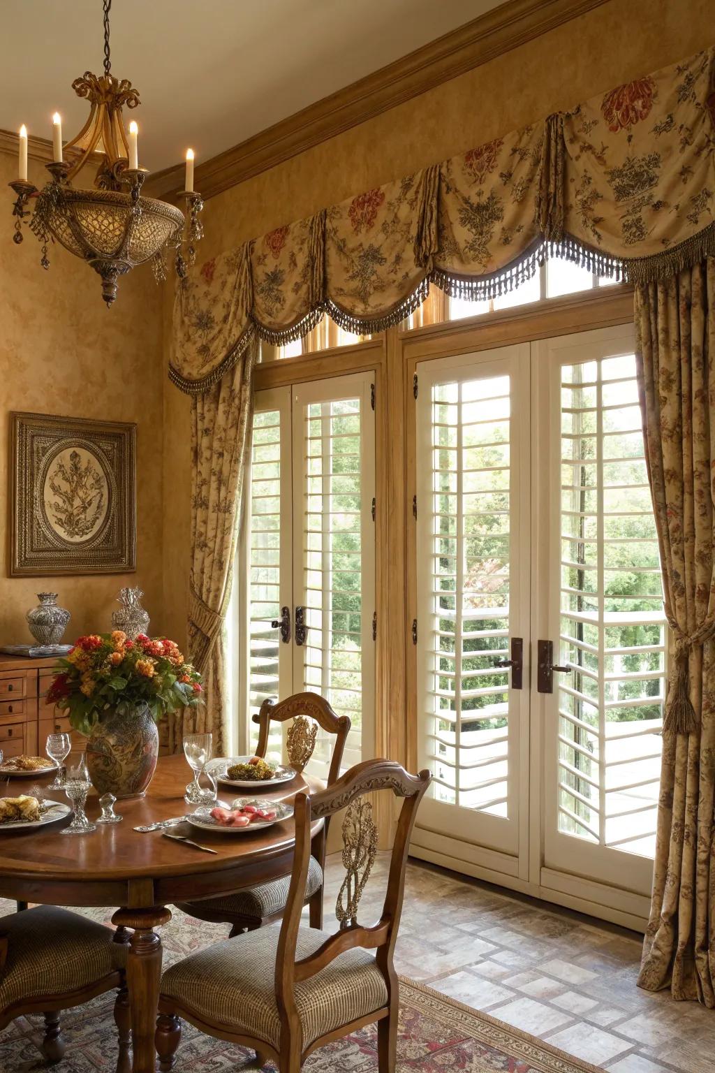 Ornate valances and shutters add charm and functionality to windows.