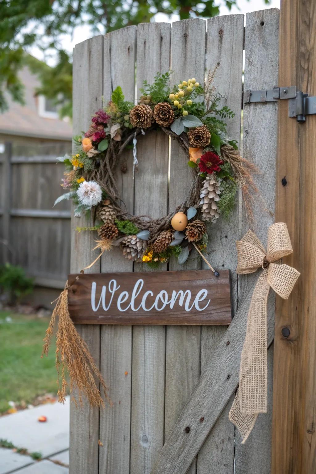 A farmhouse welcome wreath offering a warm and rustic charm.