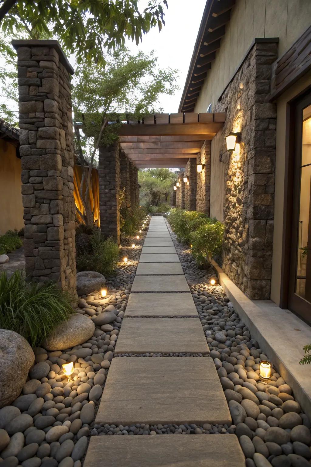 A distinctive walkway highlighted by stone accents and thresholds.