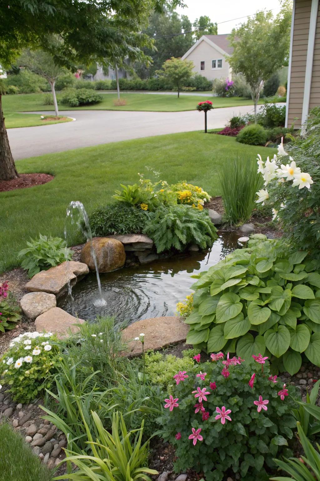 A water feature adds tranquility to the garden