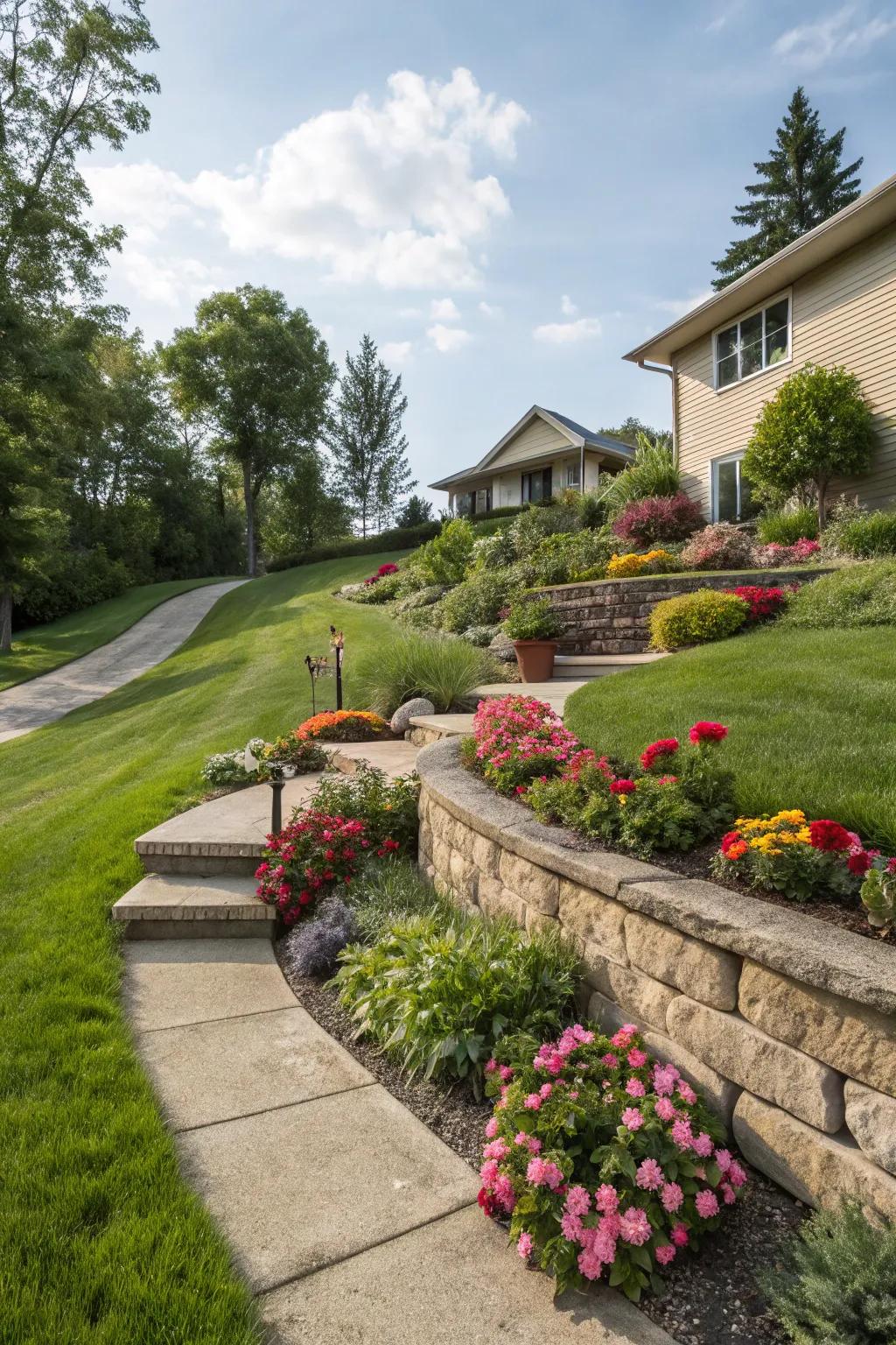 Tiered beds add visual interest and make use of sloped spaces.