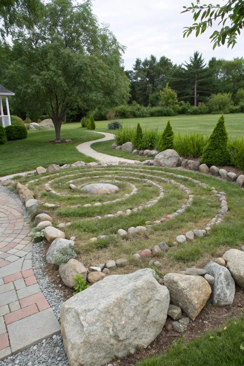 A rock labyrinth providing a whimsical and meditative element in a garden.