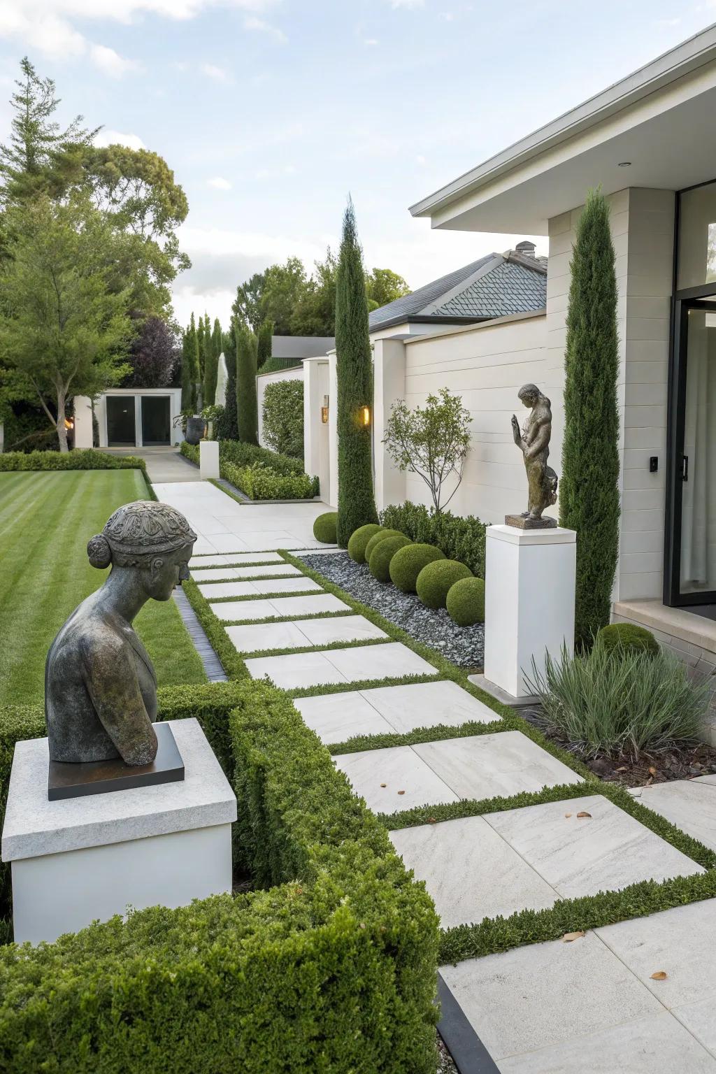 Artistic elements serve as focal points in modern landscapes.