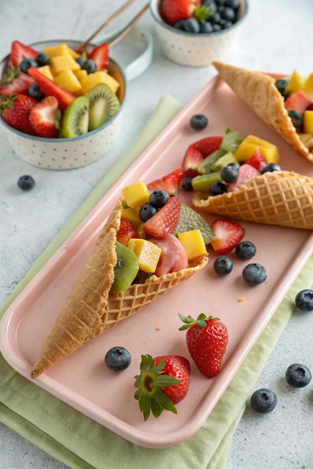 Fruit cones provide a fun and easy-to-handle serving option.