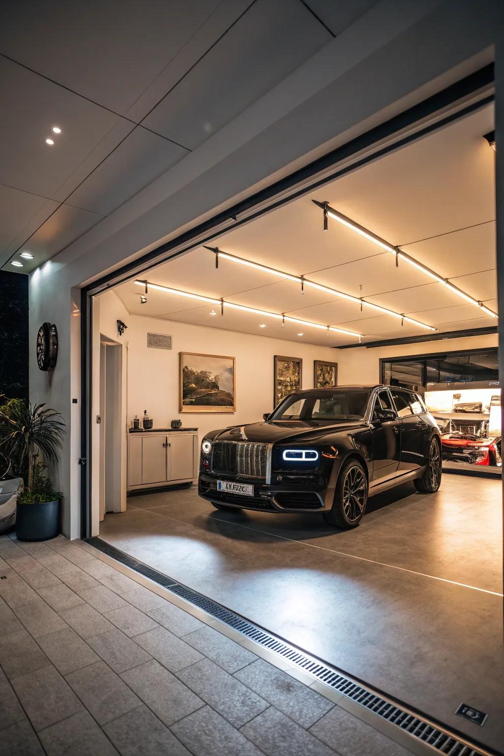 A garage designed to showcase a luxury car collection.