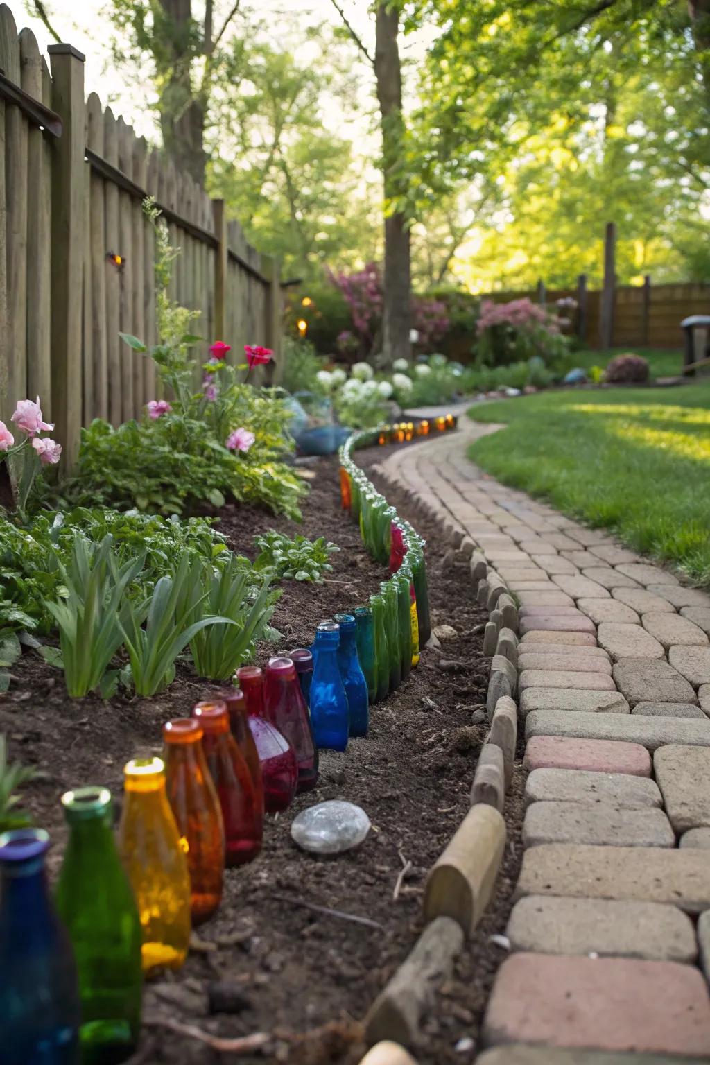 Glass bottle borders add a playful and unique touch to gardens.