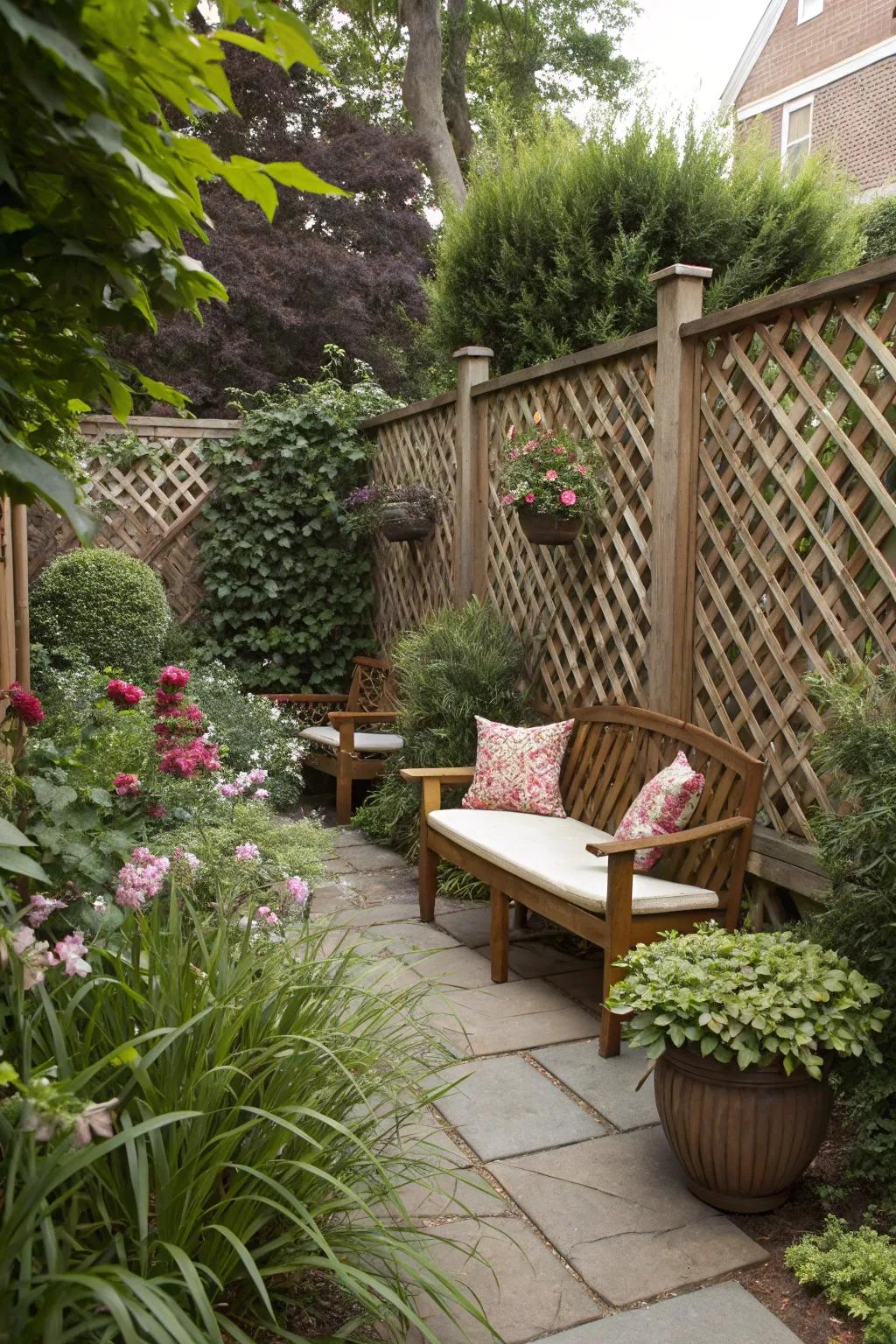 Dense lattice panels create private and cozy garden nooks.