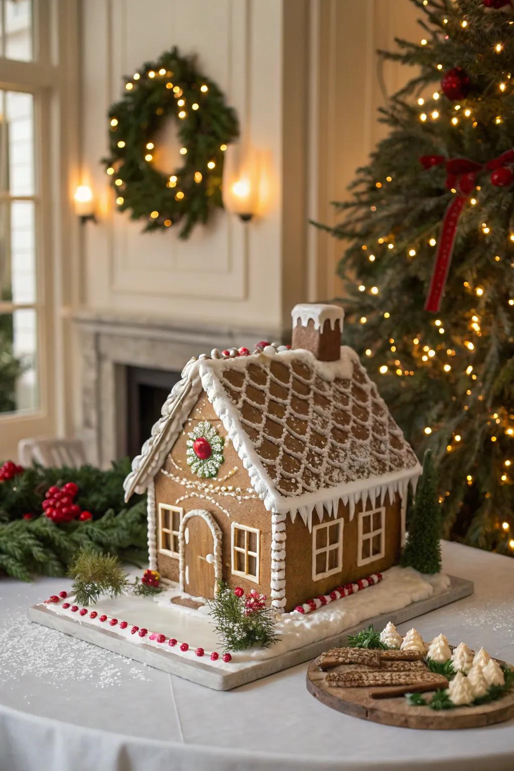 A fondant-tiled roof on a gingerbread house.