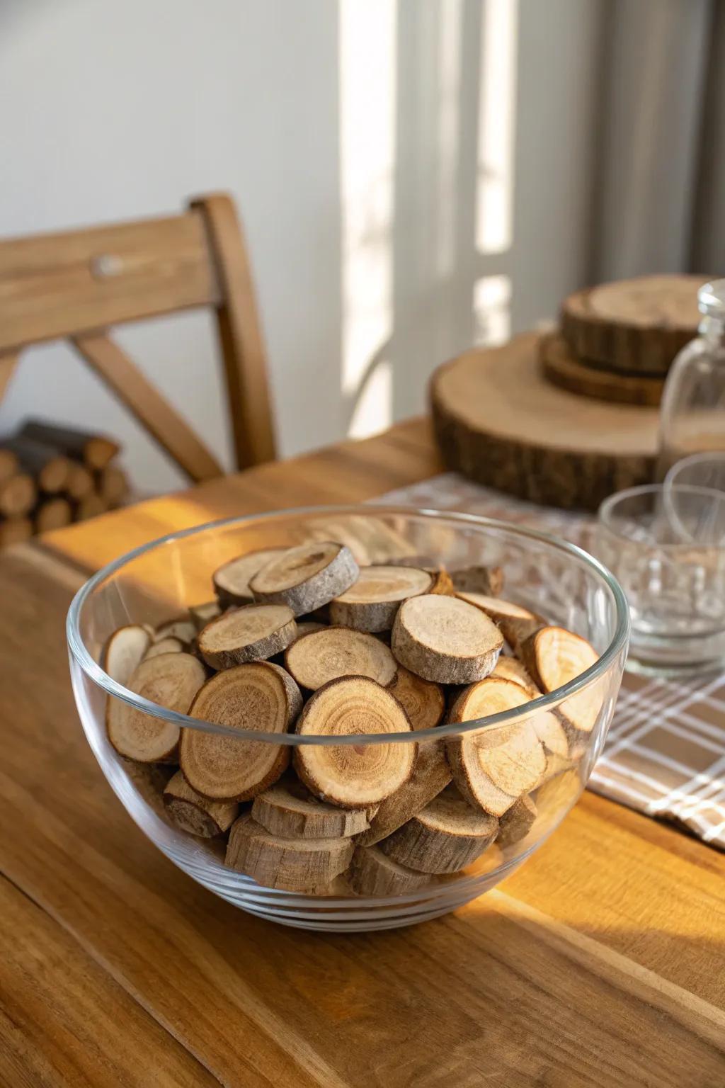 Rustic charm with wood slices in a glass bowl.