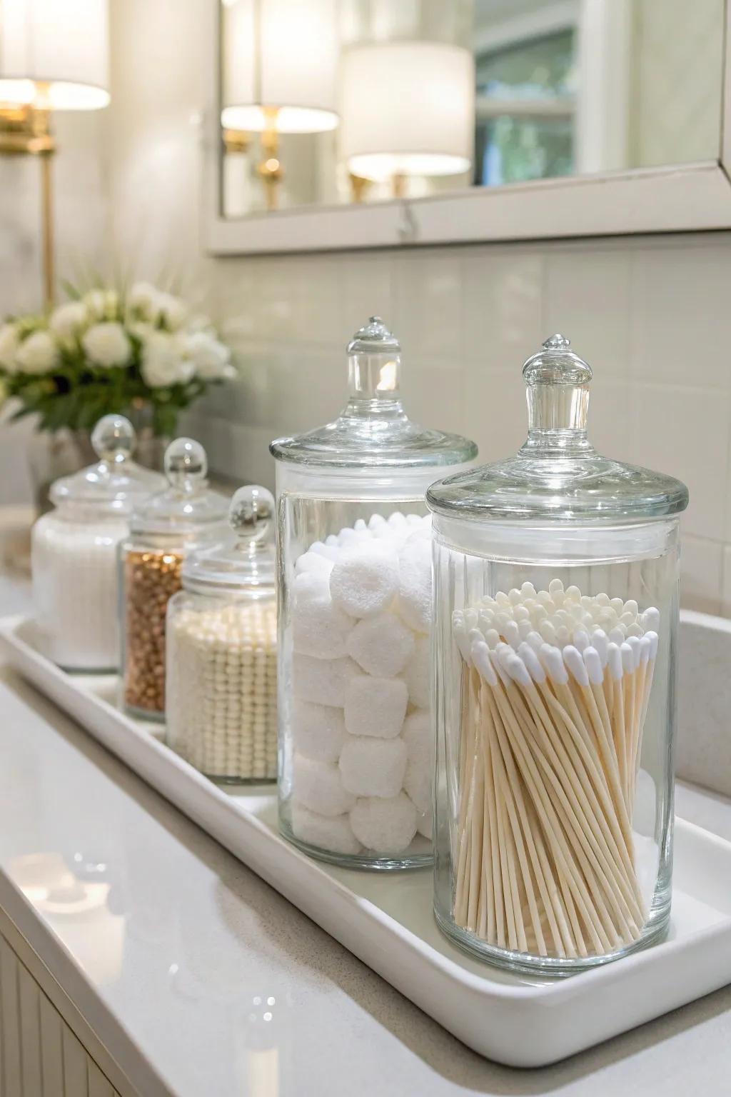 Jars neatly organize and elevate bathroom essentials.