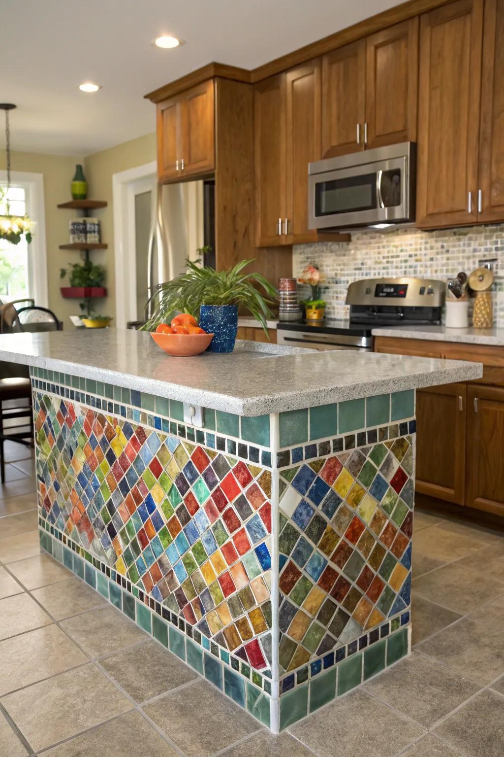 Glass tiles on a kitchen island create a captivating centerpiece.