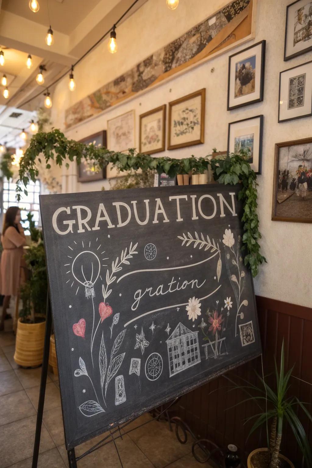 A whimsical chalk art banner for a creative graduation celebration.