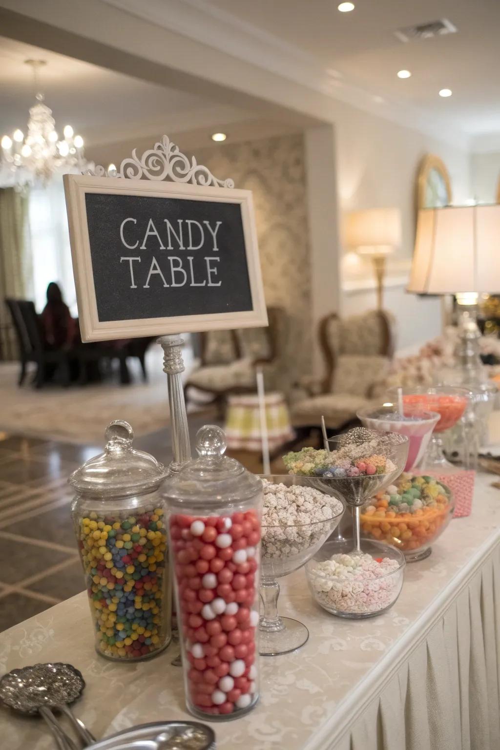 Vintage-style chalkboard labels add a charming touch to your candy table.