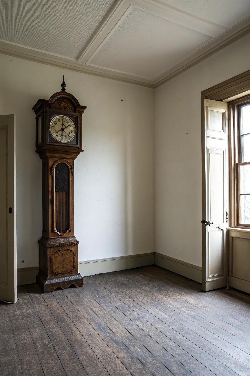 A grandfather clock stands out as a statement piece in a minimalist space.