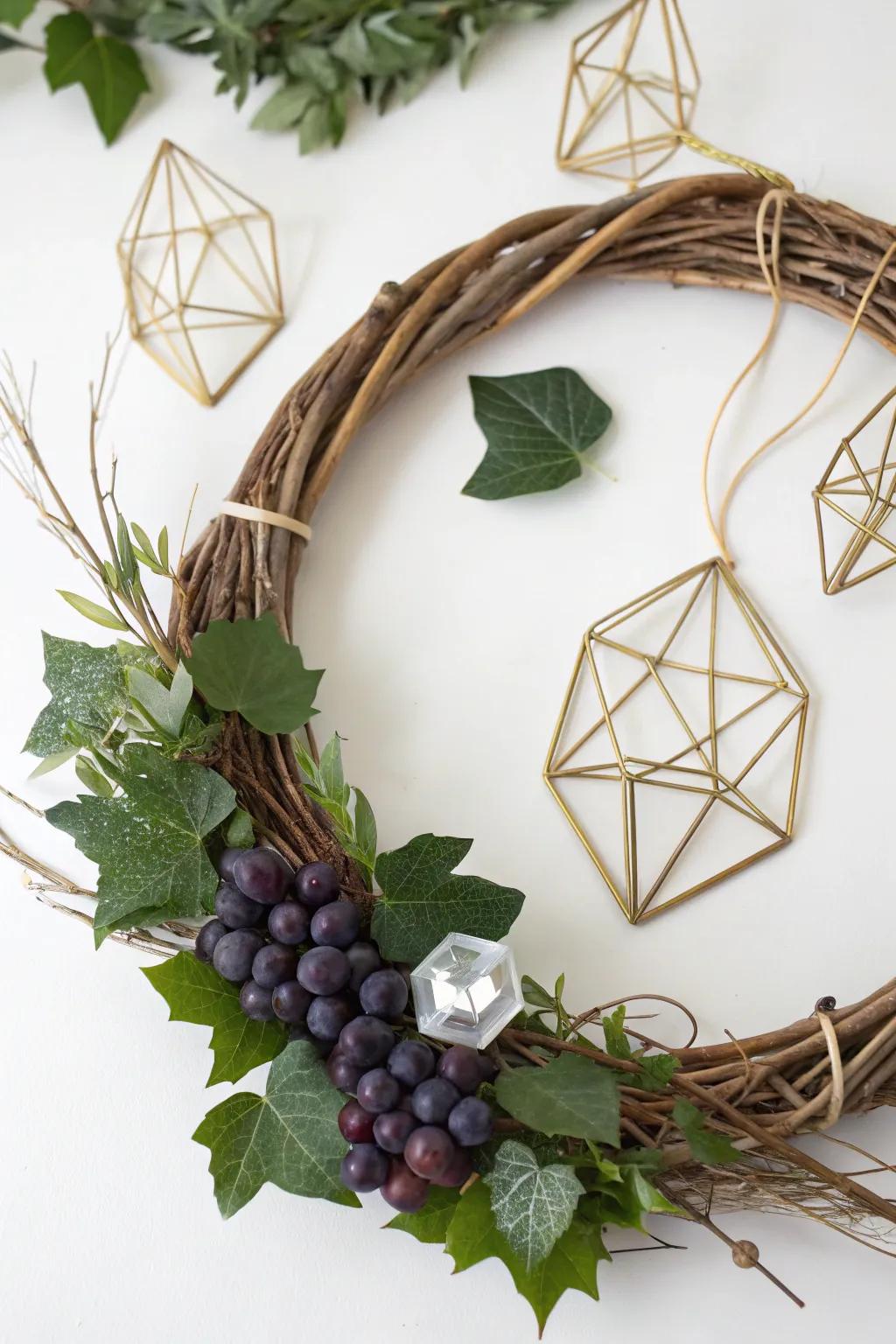 A modern minimalist grapevine wreath with geometric accents.