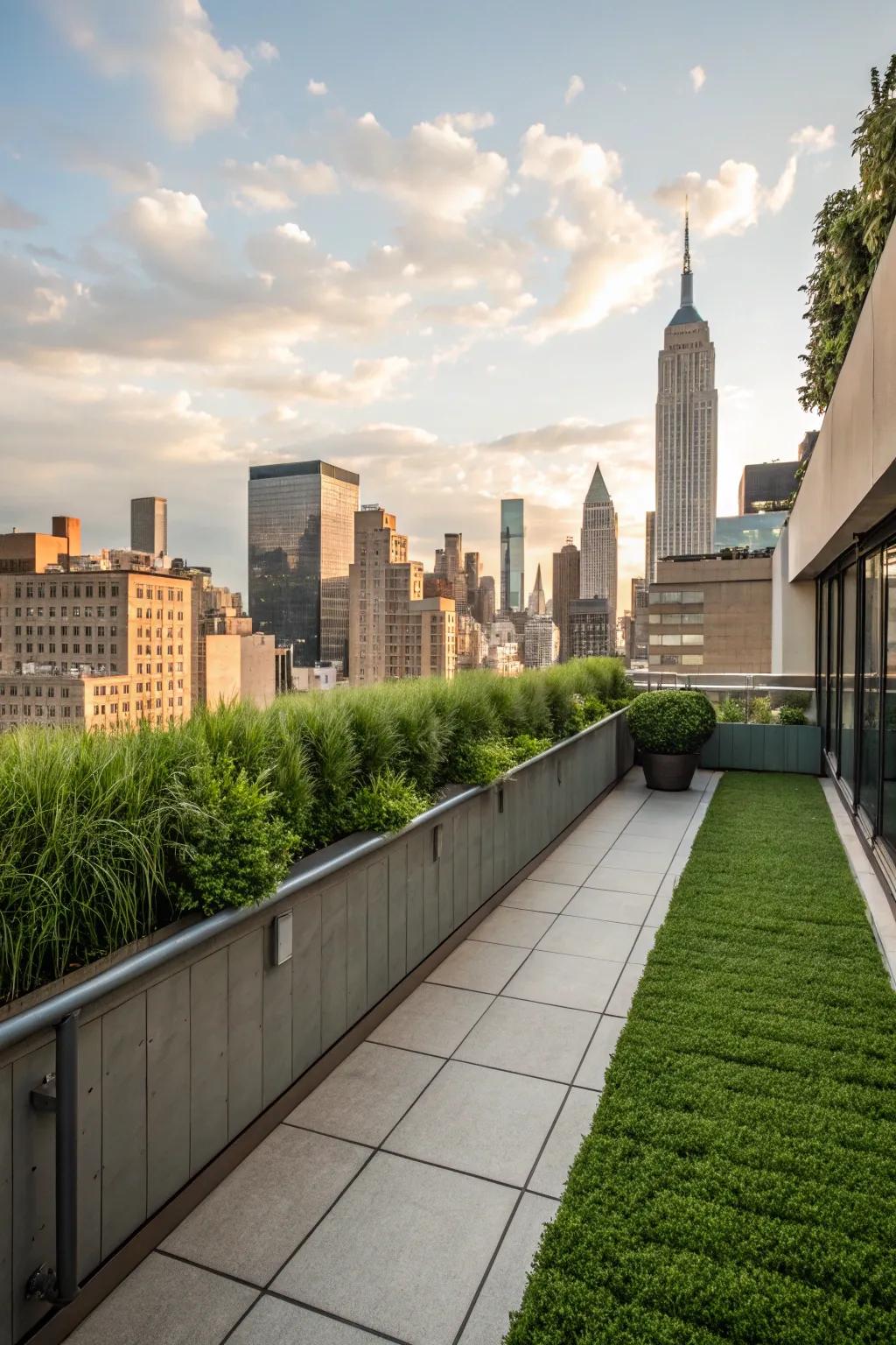 A rooftop terrace becomes a green escape with the addition of a grass wall.