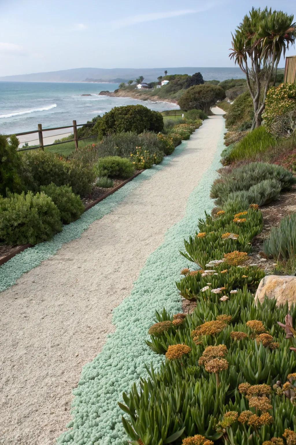 Seafoam gravel creates a coastal vibe for this charming driveway.