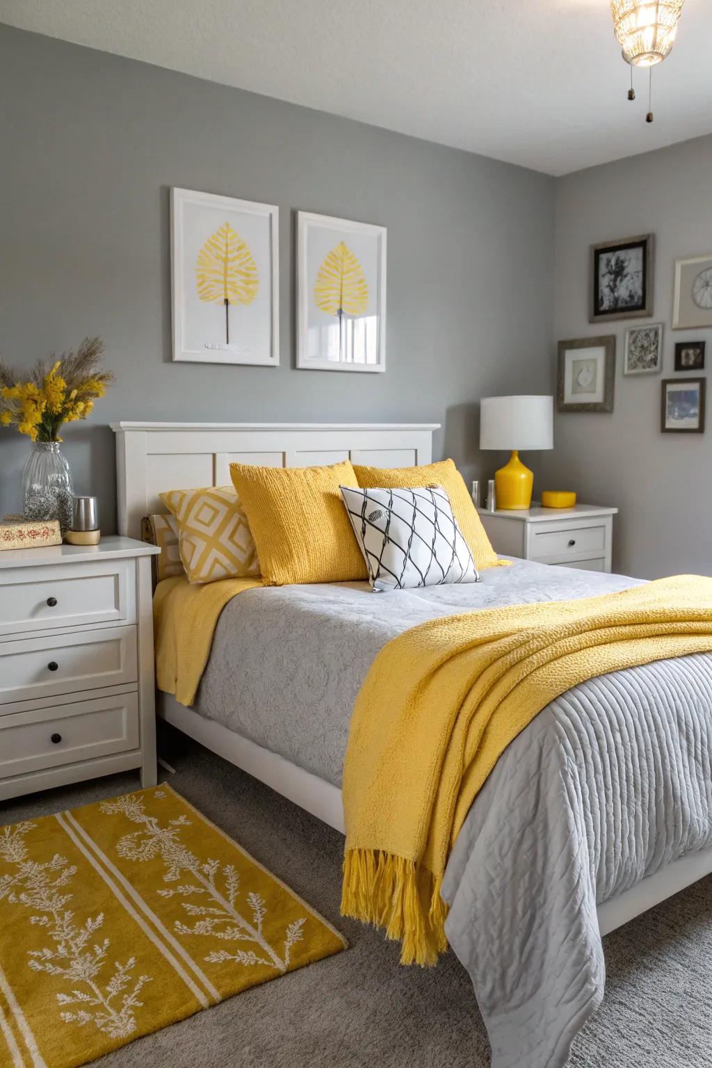 A vibrant gray bedroom with sunny yellow accents.