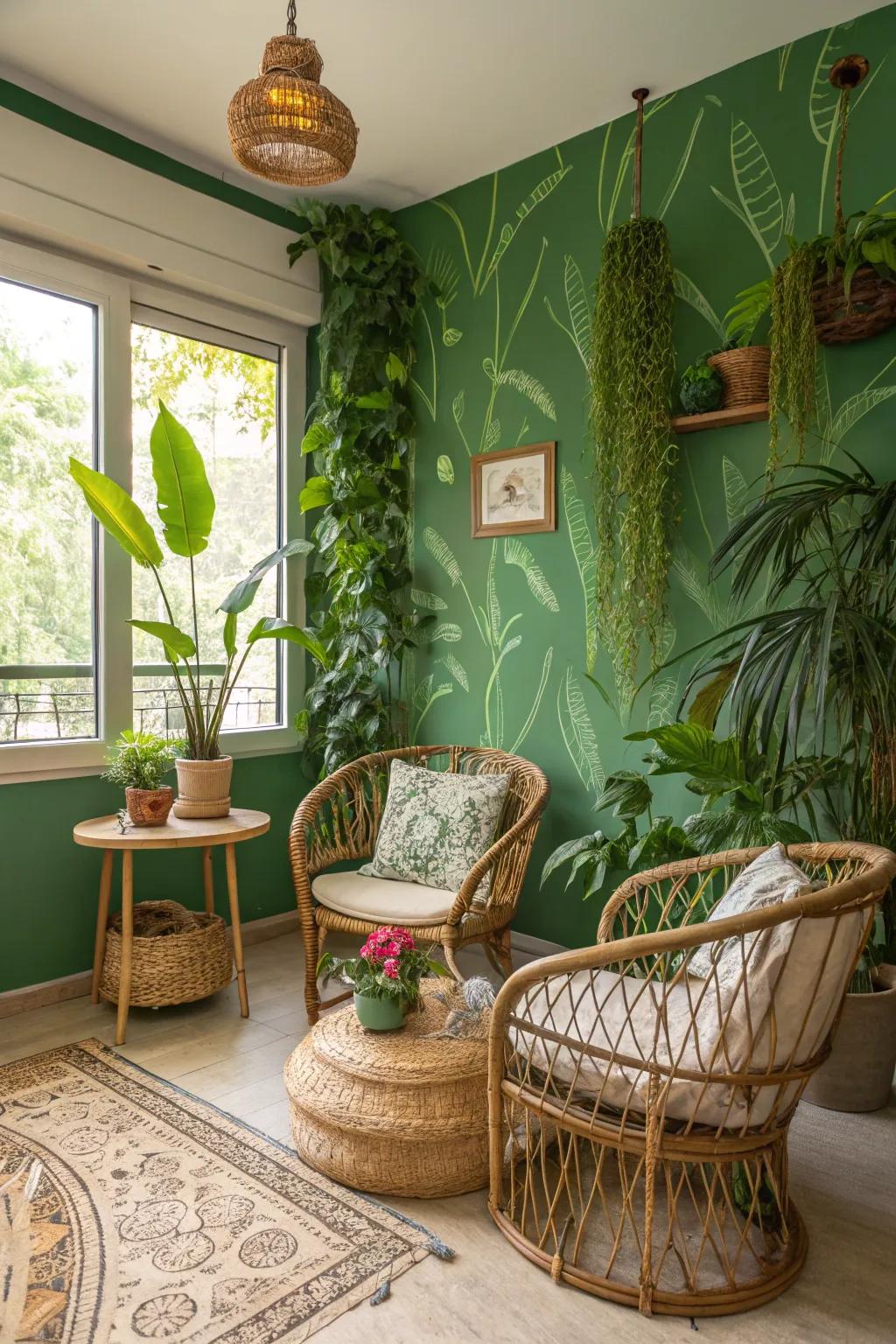 Jungle green walls create a tropical escape indoors.