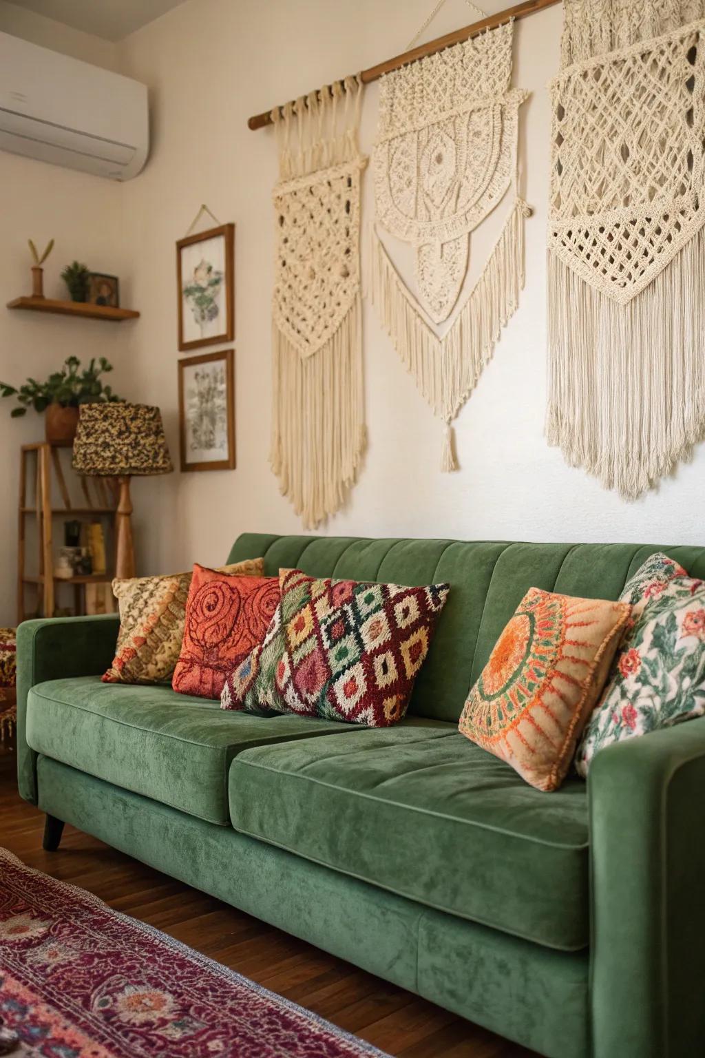 A bohemian living room with a green velvet couch and eclectic decor.