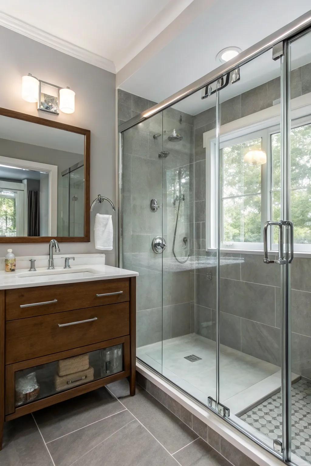 Steel grey walls and chrome fixtures create a sleek, modern bathroom.