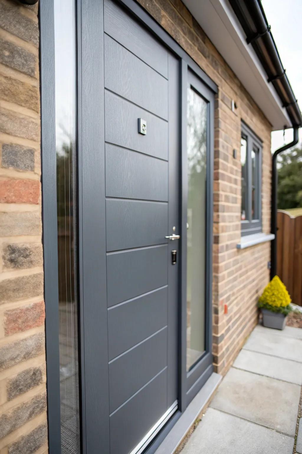 A matte finish adds a sophisticated touch to this grey door.