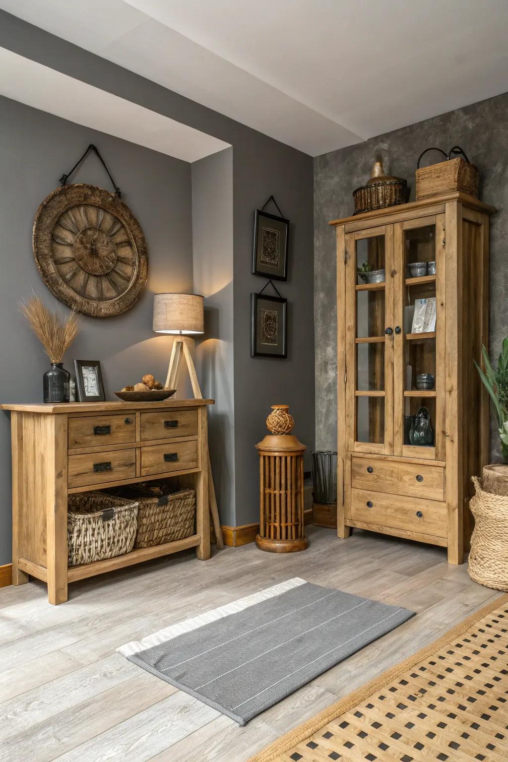 Wooden elements add warmth to this elegant grey room.