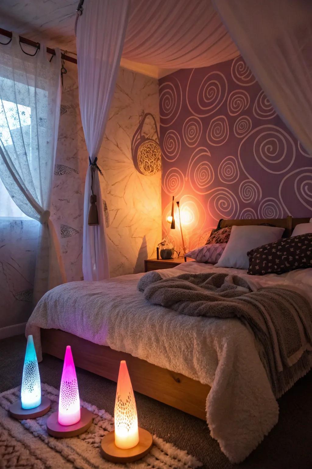 Lava lamps and mood lighting are a nod to the groovy era.