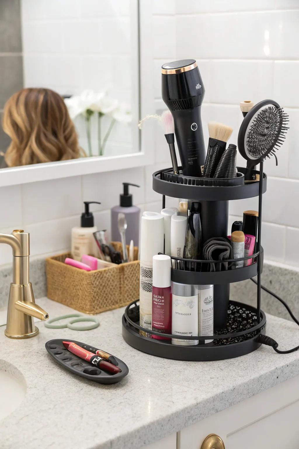 Efficient rotating tower for quick access to styling essentials.