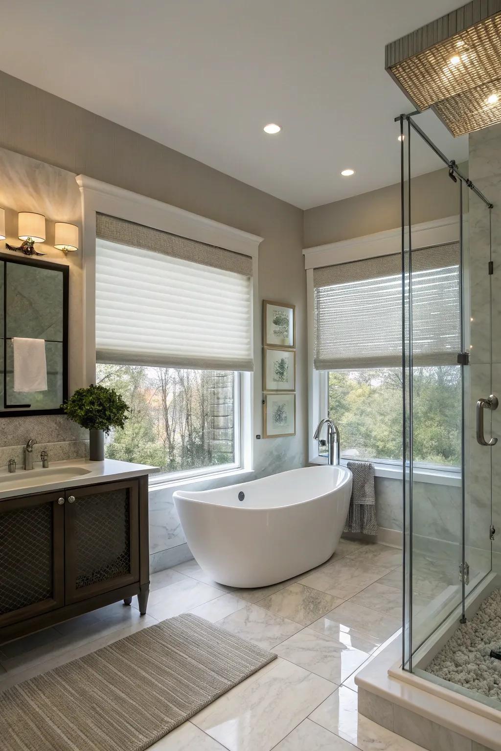 Modern bathroom with top-down shades.