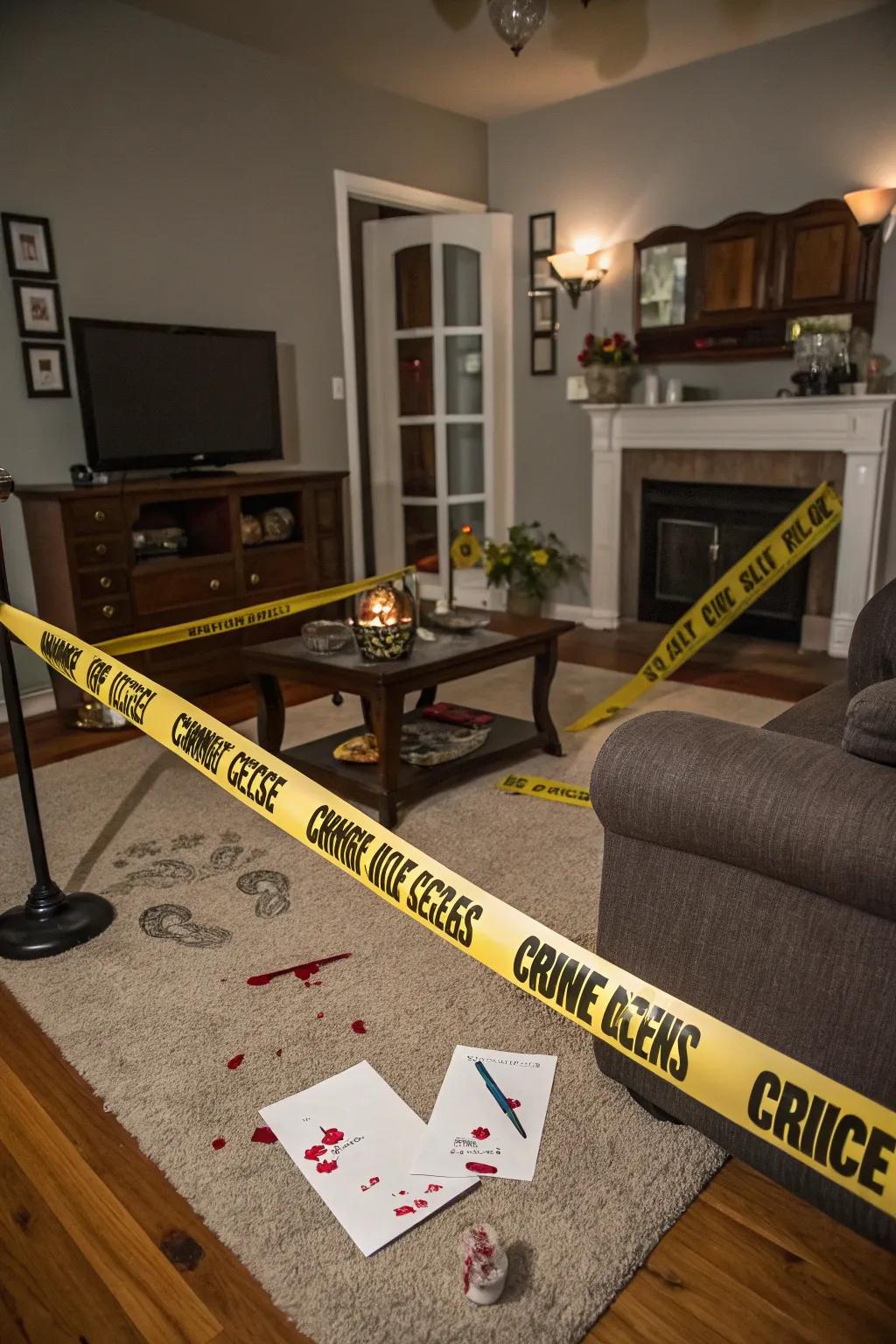 A living room transformed into a spooky crime scene.