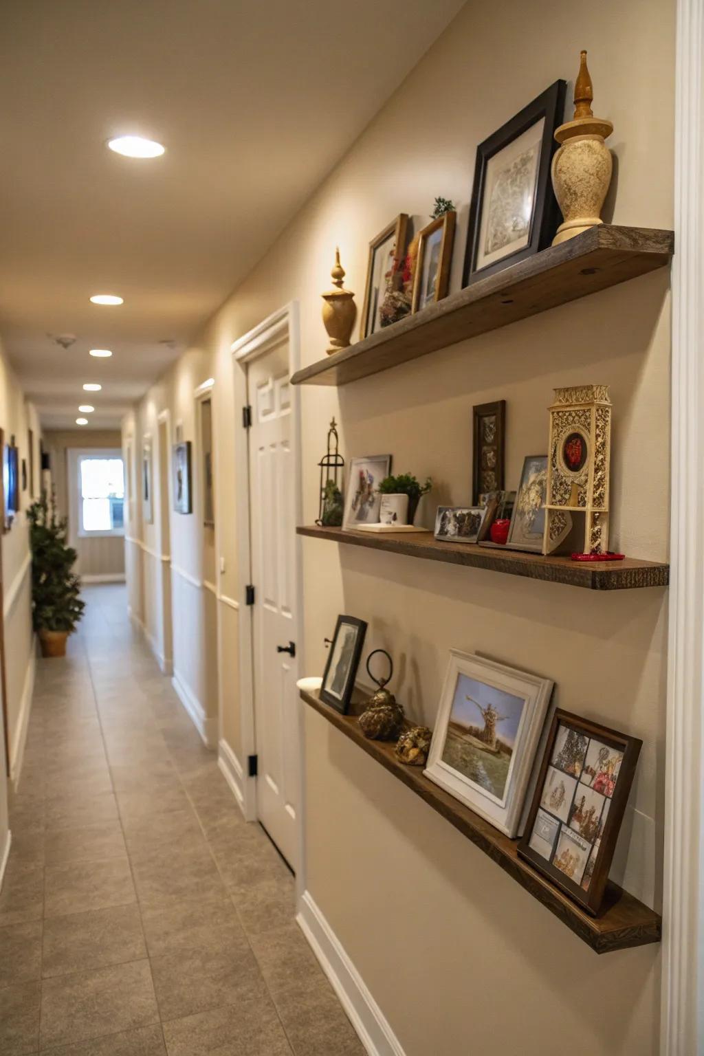 Floating shelves enhance art displays while adding functionality.