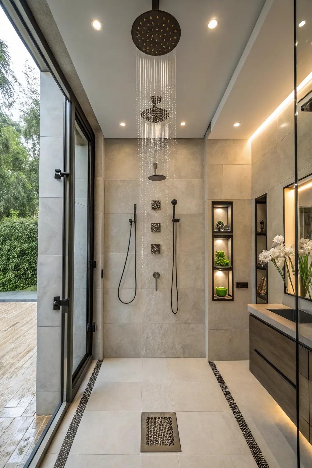 Achieve a cohesive look with vertically aligned showerheads.