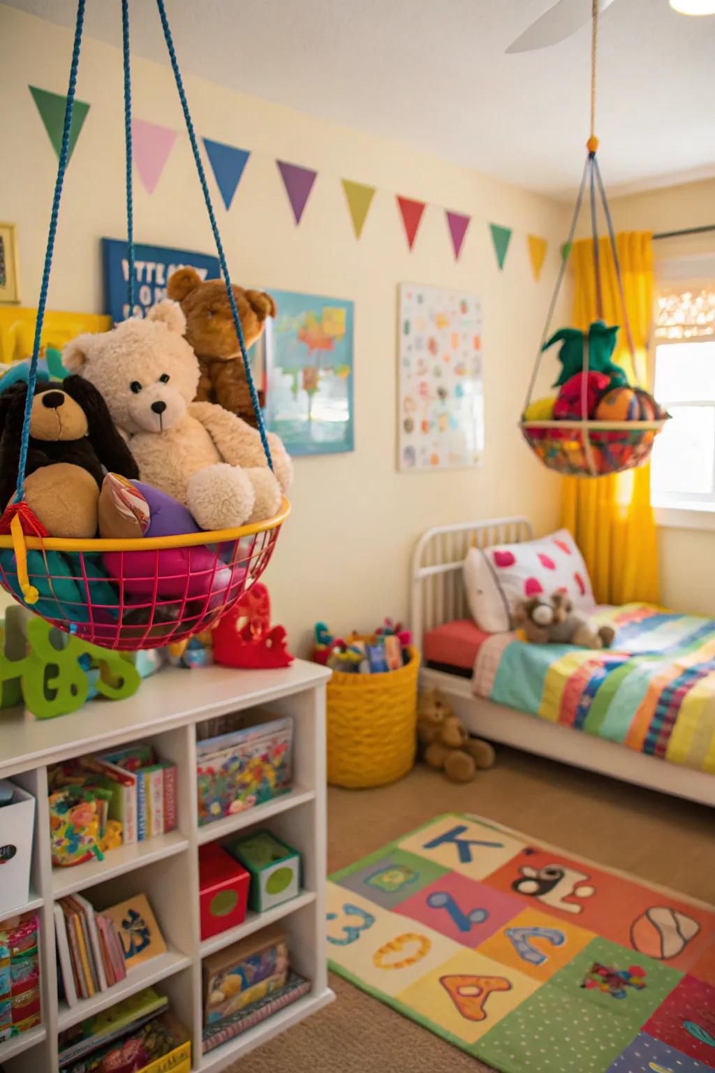 Tidy up play areas with hanging toy organizers.