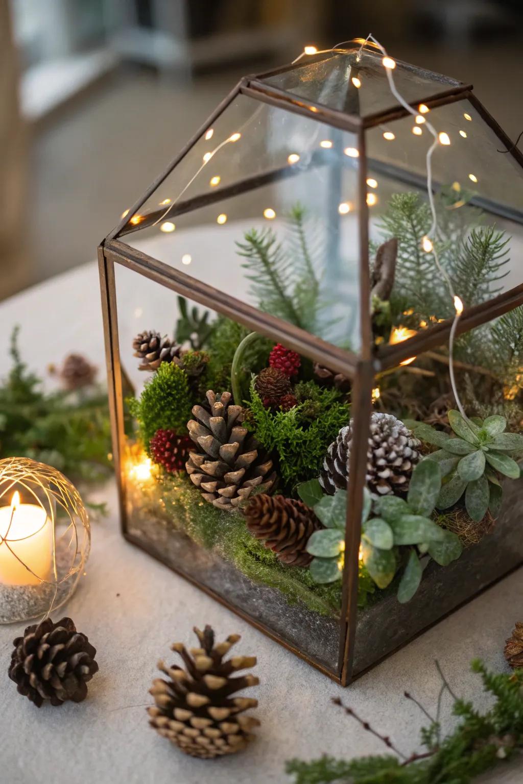 A seasonal terrarium bringing the essence of winter indoors.