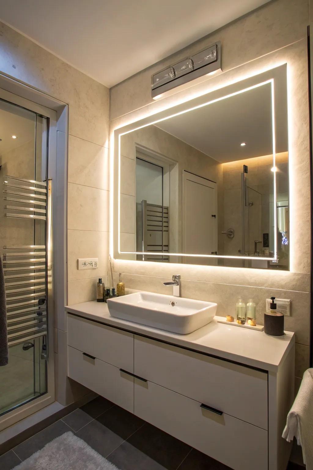 A backlit mirror providing hidden storage space.