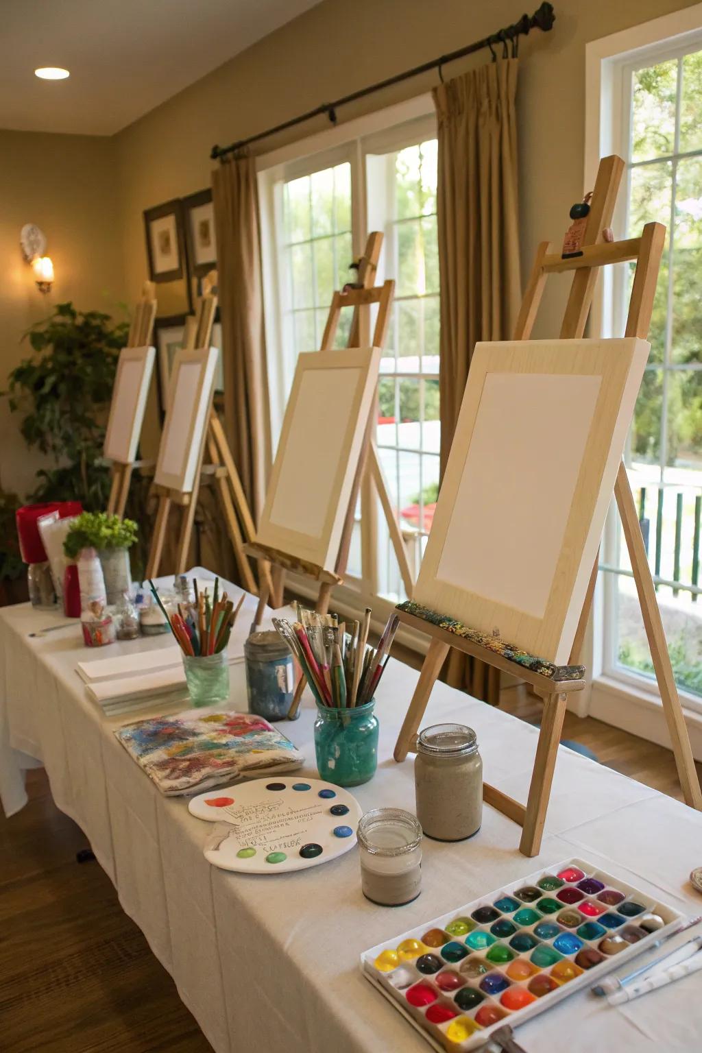 A creative painting station for guests to express themselves artistically.