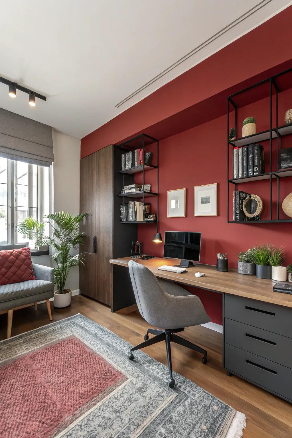 Red walls energize and invigorate this dynamic home office.