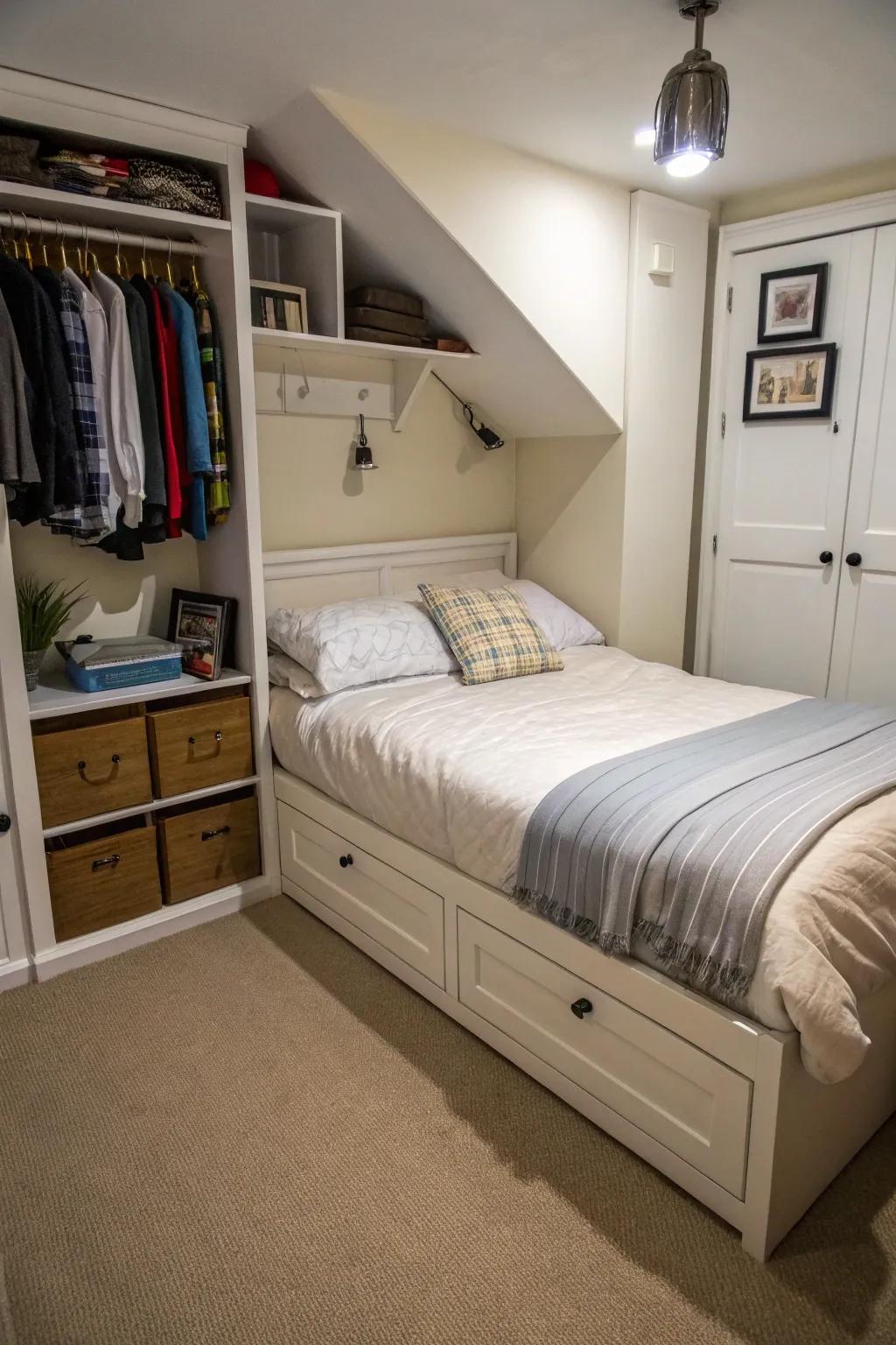 Hidden storage under the bed keeps this small bedroom organized and clutter-free.