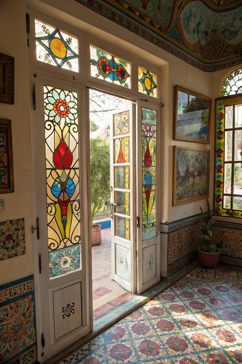 Stained glass panels add an artistic and colorful dimension to French doors.